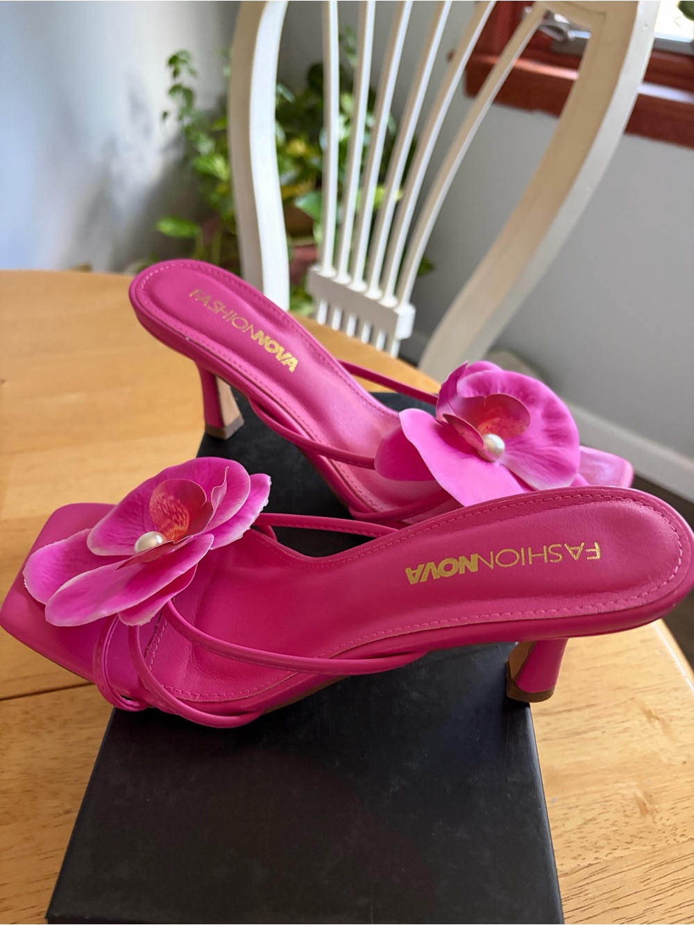 Fashion Nova Hot Pink Floral Pearl-Accent Slide Heels